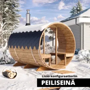 kuva 2,8m tynnyrisauna terassilla 6 hengelle s28v peiliseina