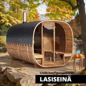 kuva 4m Tynnyrisauna cube pukuhuoneella ja terassilla 4 hengelle lasi