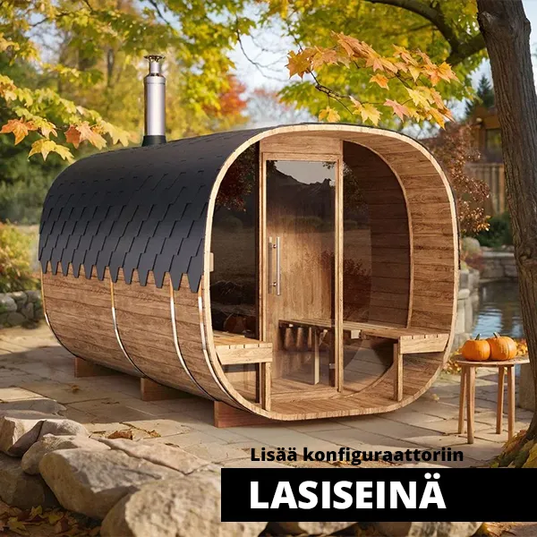 kuva 4m Tynnyrisauna cube pukuhuoneella ja terassilla 4 hengelle lasi