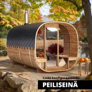 kuva 4m Tynnyrisauna cube pukuhuoneella ja terassilla 4 hengelle peili